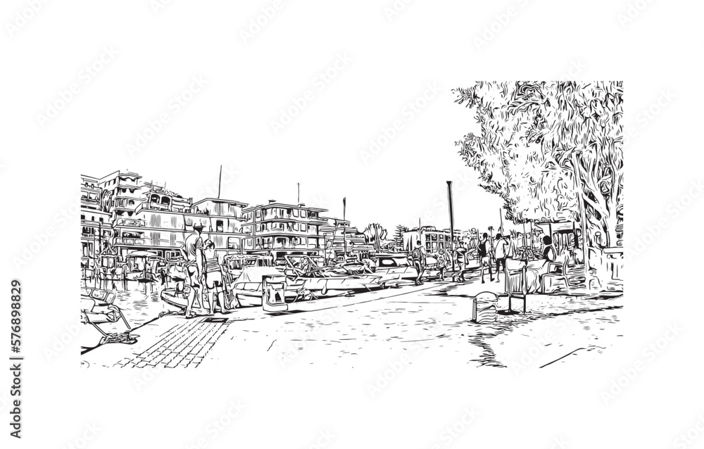 Building view with landmark of Porto Cristo is the 
town in  Spain. Hand drawn sketch illustration in vector.