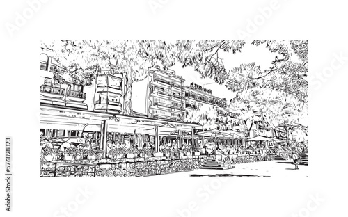 Building view with landmark of Porto Cristo is the town in Spain. Hand drawn sketch illustration in vector.