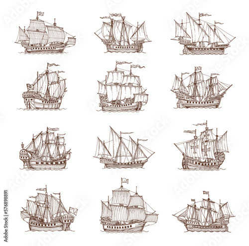 Murais de parede Sail ship, sailboat or brigantine sketch, vector pirate frigate icons