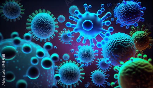 Blue illustration of viruses, bacteria and microorganism cells. Generative AI, Generative, AI © nonblok
