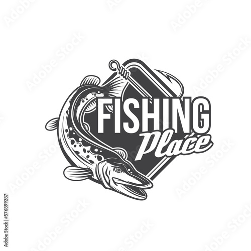 Pike fishing icon, vector fish and fisherman tackle hook. Fishing sport equipment and angler items with pike or predatory freshwater fish isolated badge, fisherman club emblem or outdoor hobby symbol