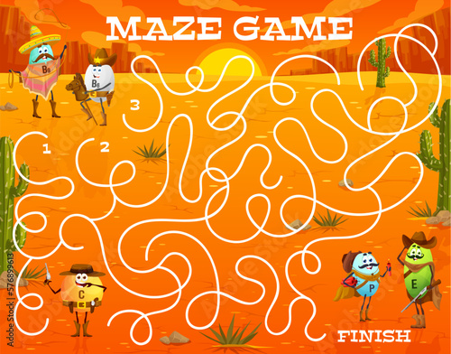 Labyrinth maze, cartoon vitamins help sheriff and cowboy to catch bandits, vector quiz game. Vitamin C cowboy and E sheriff characters ranger to find way on labyrinth maze to Western robber with gun