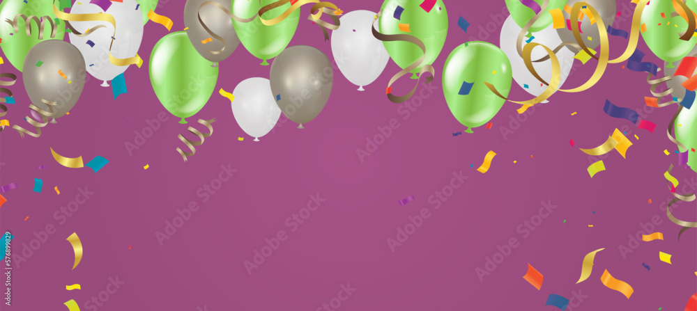 Holiday background with balloons, flags, streamer. Multicolored bright buntings garlands with confetti and air balls isolated on background