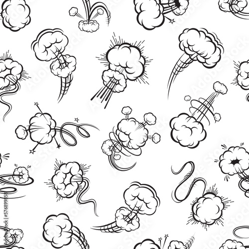 Speed motion comic trails and bubbles seamless pattern. Wallpaper or textile comical print, vector backdrop, wrapping paper, fabric funny background with boom, puff and whoosh balloons, boom effects