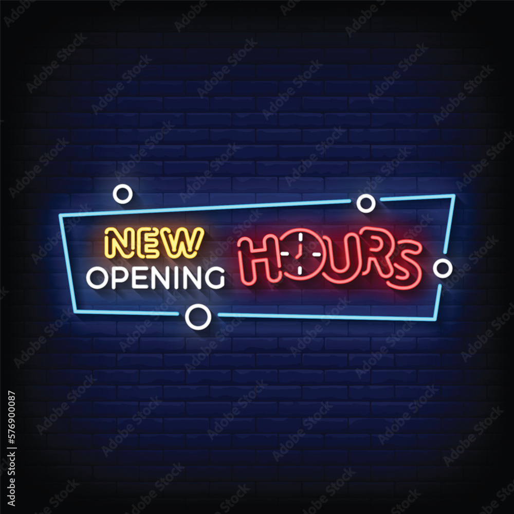 Neon Sign new opening hours with brick wall background vector