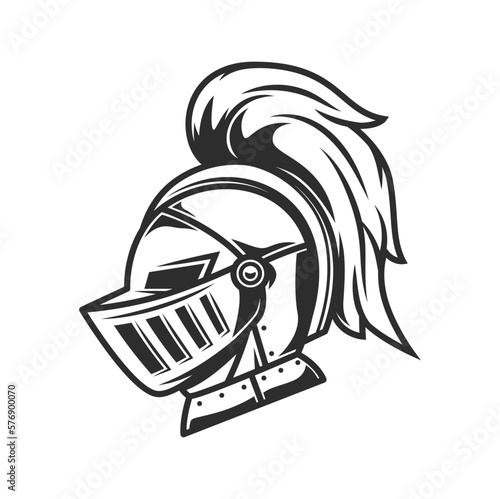 Knight warrior helmet, heraldry armor with plume. Vector great helm of medieval soldier, knight, roman gladiator, spartan fighter or greek army warrior. Ancient iron battle helmet or armet front view