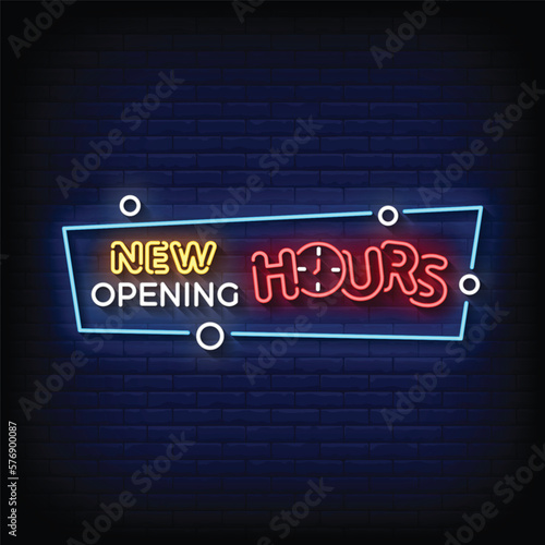 Neon Sign new opening hours with brick wall background vector