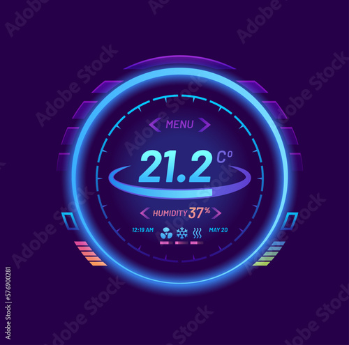 Thermostat, smart thermometer or temperature control dial vector 3d mock up. Digital thermostat regulator of air conditioner or room heater with round neon screen, house climate control system