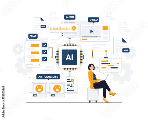 Artificial intelligence created generate art with prompt, AI servers and robots technology with neural network thinks. a digital brain is learning to process big data concept illustration photo