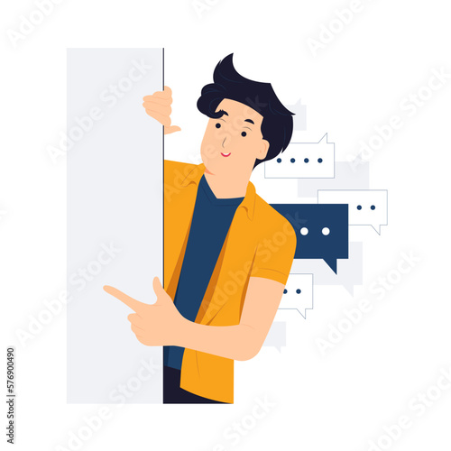 Φωτογραφία Peeking behind a wall while pointing finger with curiosity concept illustration