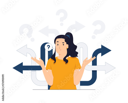Feeling confused about business decision between right or left, yes or no, ethical dilemma, choosing, choice, undecided concept illustration