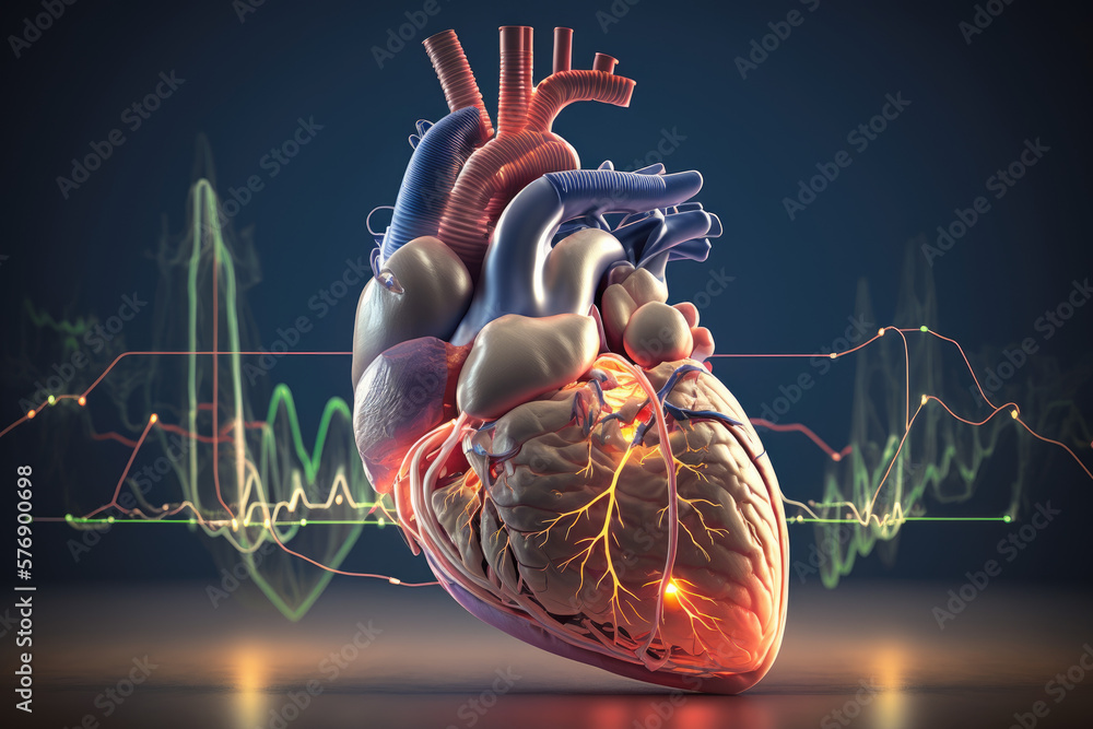 Anatomy of human heart on ECG medical background. Generative AI Stock