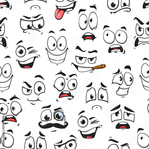 Cartoon funny emoji faces seamless pattern, giggle eye emoticons vector background. Big eye emoji pattern with silly, smiling or sad and upset expression faces, emoticons laughing and blinking
