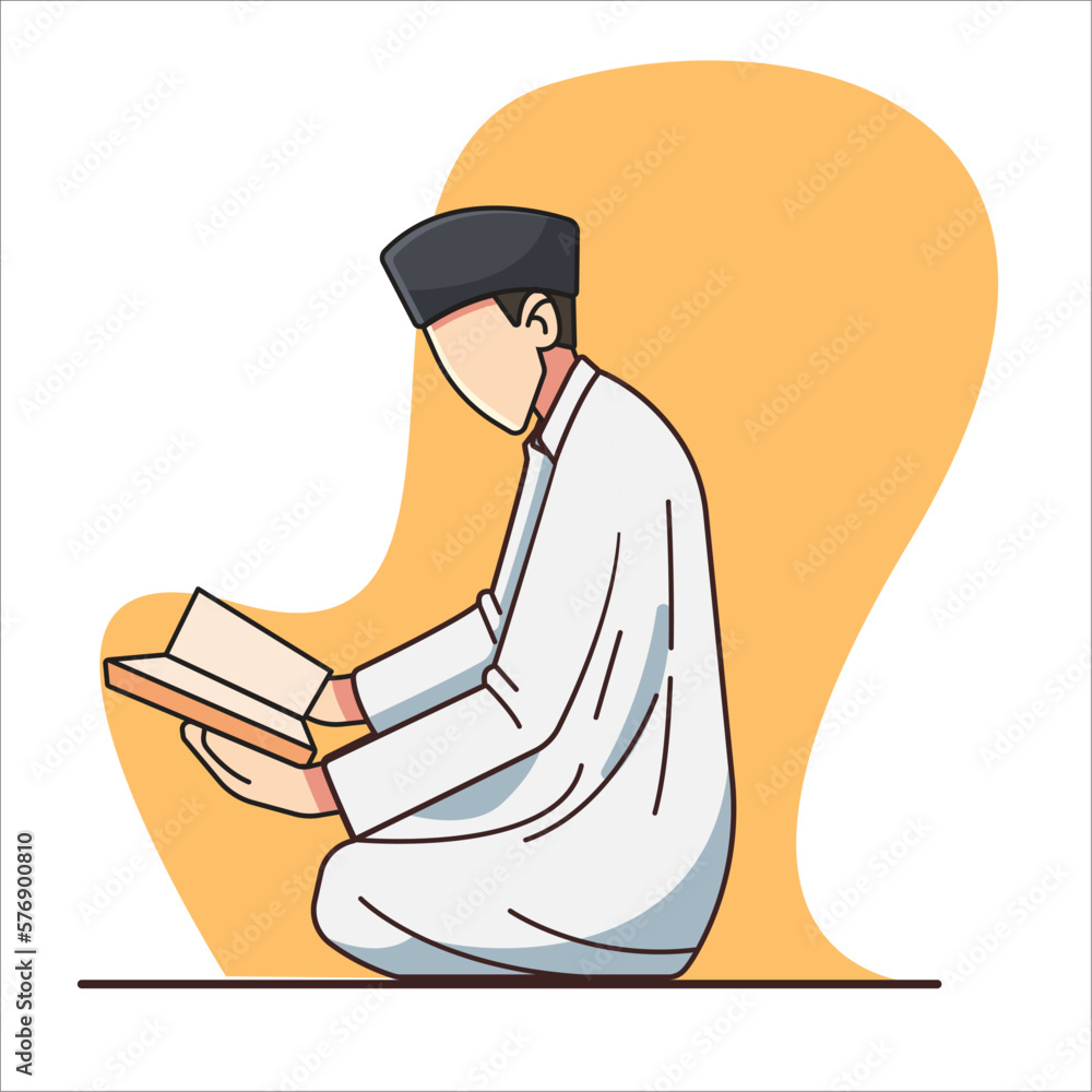 vector illustration of a Muslim man reading the Koran in the mosque