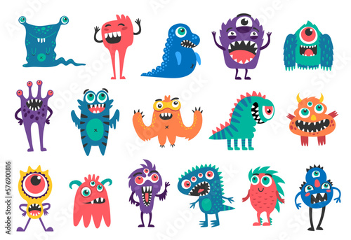 Cartoon monster characters, funny creatures or bizarre alien animals, vector cheerful personages. Cute cartoon happy monsters, trolls and yeti bigfoot for kids, dragon and big eye cyclops with gremlin