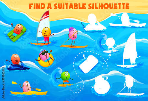 Find the correct shadow silhouette of cartoon vitamin and mineral characters on beach vacation. Kids vector game worksheet with Ca, Cu, Na and P, Se, Fe and K nutrient capsules water fun and activity