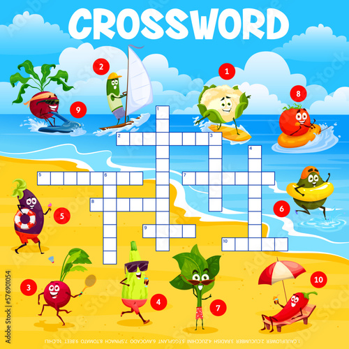 Crossword grid. Cartoon vegetable characters on summer beach. Quiz game for kids with vector cauliflower, cucumber, radish, zucchini, eggplant, avocado, spinach, tomato, beet and chili personages