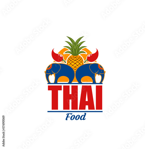 Thai cuisine food icon with vector asian elephant, spicy chili peppers, pineapple and sun. Thailand restaurant menu isolated sign of oriental cuisine traditional dishes and spicy thai meal