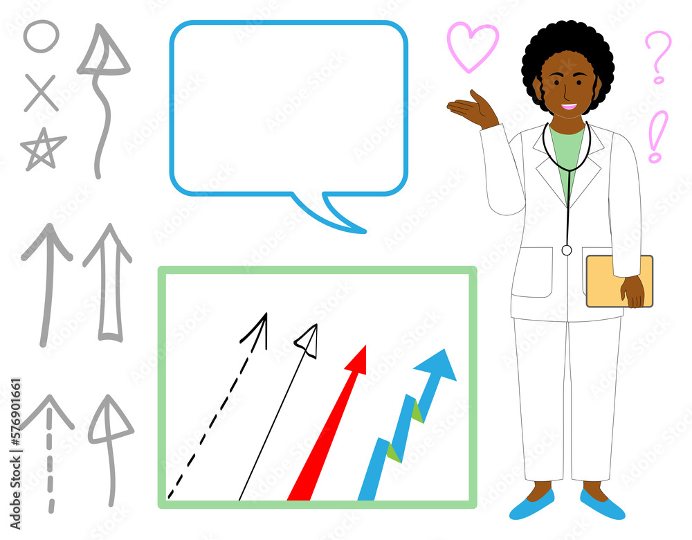 A black female doctor, veterinarian with arrow icons A black female doctor, veterinarian with arrow icons