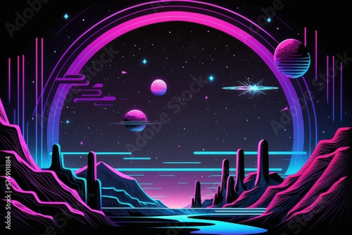 , cosmic panorama, alien doorway, pink and blue neon light, virtual reality, power plant, energy source, laser lines that sparkle in the dark, ultraviolet spectrum, deep space, stars, mountains, and e
