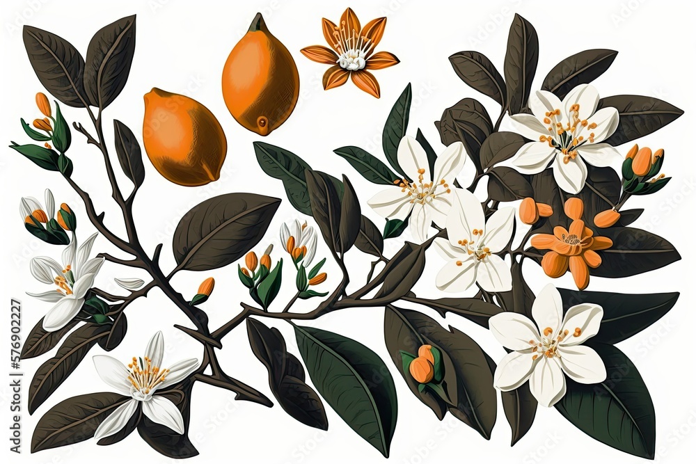 On a white background, orange tree blossoms are separated. Generative AI On a white background, orange tree blossoms are separated. Generative AI