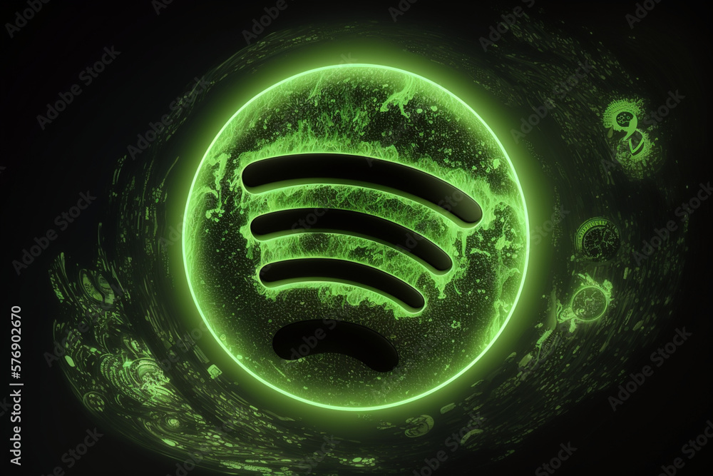 Spotify logo. Green neon lights. Double exposure ocean, clock and
