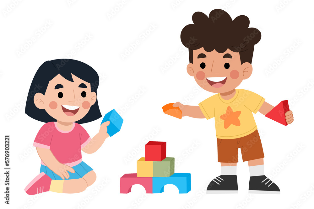 Illustration of happy children playing with building blocks Illustration of happy children playing with building blocks
