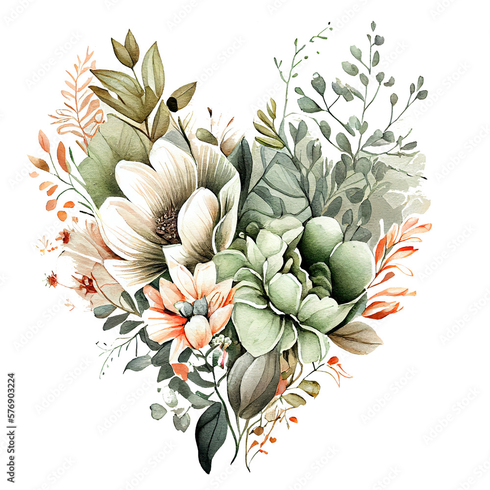 heart shaped  Sage Green and Ivory Flowers bouquet, Romantic heart vignette made of vintage flowers and leaves, Sage Green and Ivory Flowers in gentle retro style watercolor painting, PNG transparent 