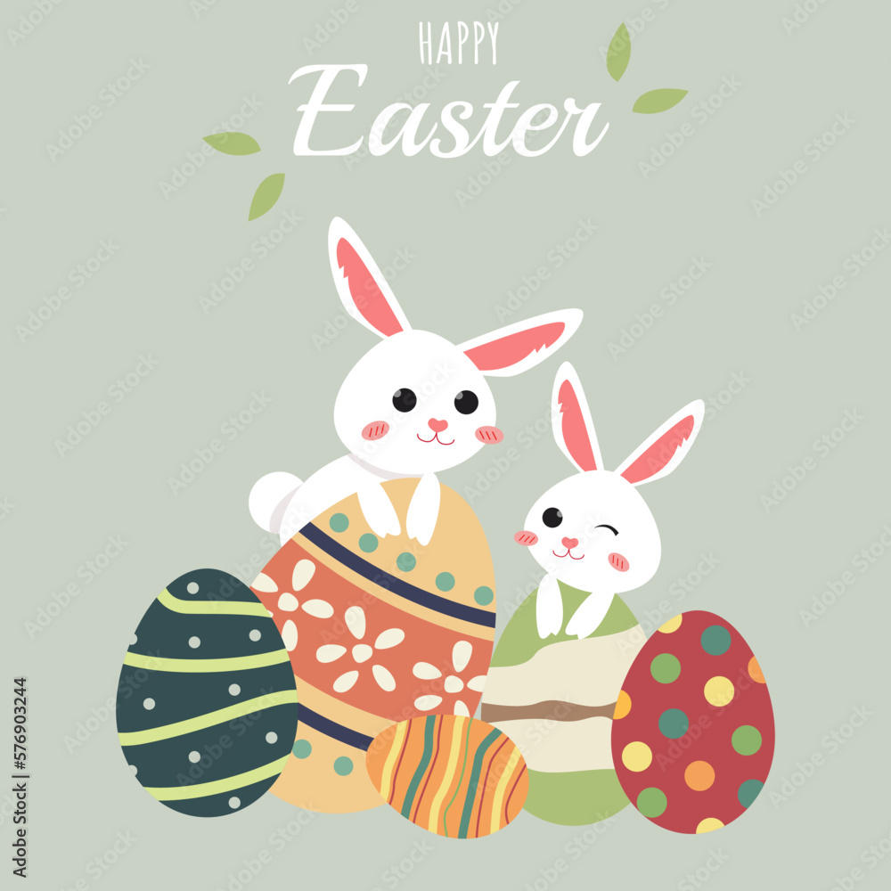 Fototapeta premium Happy easter card with a bunny and eggs. Vector Illustration