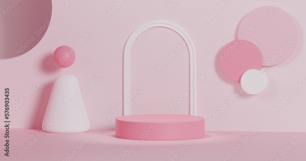 3d rendering of pink podium or pedestal with ornaments for product display
