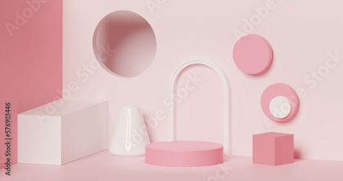 3d rendering of pink podium or pedestal with ornaments for product display © d'Mhnd
