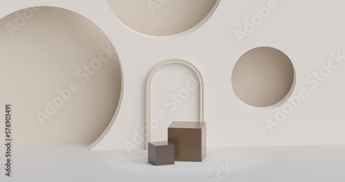 3d rendering of wood theme or brown color podium or pedestal for product display