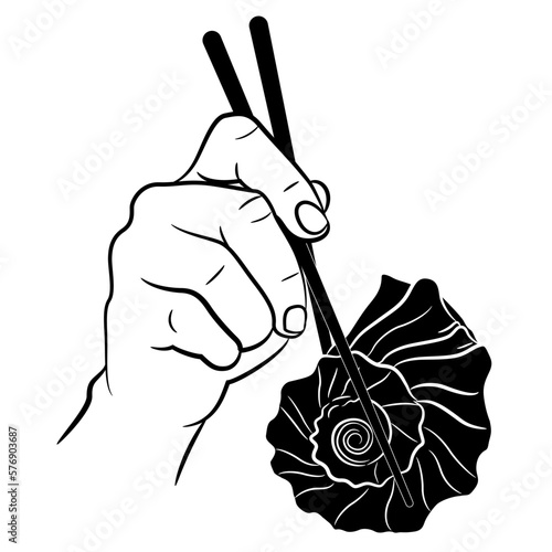 Human hand holding a spiral conch shell with chopsticks. Creative seafood design. Black and white silhouette.