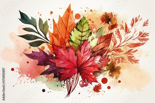 An autumn flower and leaf bouquet  suitable for use as a background for a birthday  wedding  or other celebration  or as a greeting card. Image created in watercolor. Generative AI