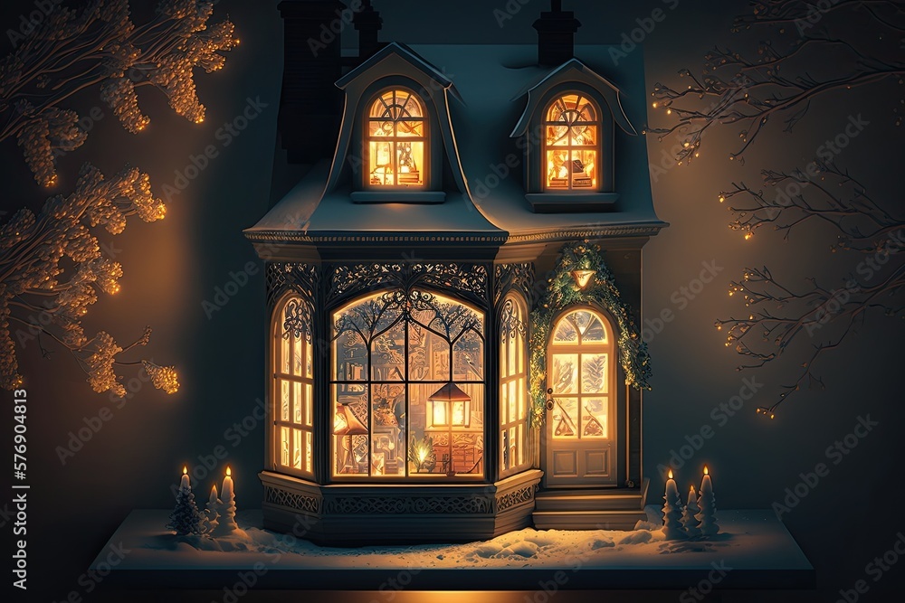 christmas beautiful decorated house with light christmas lanterns on window, created with generative ai christmas beautiful decorated house with light christmas lanterns on window, created with generative ai