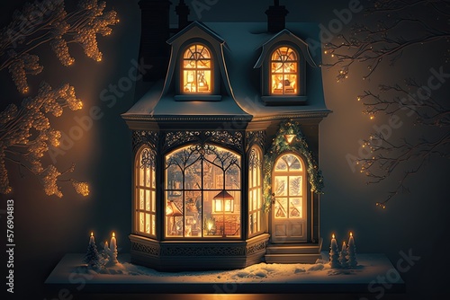 christmas beautiful decorated house with light christmas lanterns on window, created with generative ai