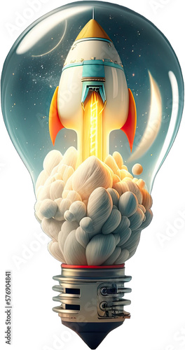 Lightbulb Moment - Lightbulb with a rocket blasting off inside the bulb. Showing the idea of creativity and ideas taking off like a rocket- Generative AI
