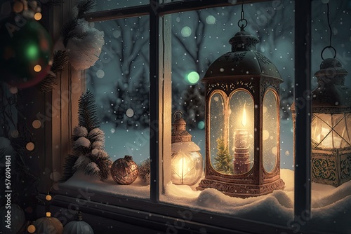 christmas lanterns on window with christmas tree and other decorations illuminated by snow  created with generative ai