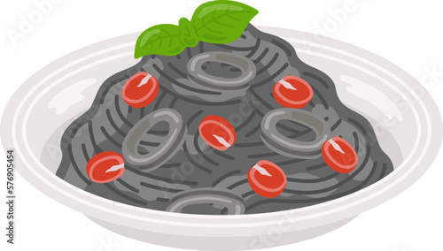 皿に盛り付けられた、イカスミパスタのイラスト