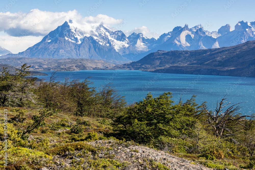 Lake Toro and snowy mountains of Torres del Paine National Park in Chile, Patagonia, South America Lake Toro and snowy mountains of Torres del Paine National Park in Chile, Patagonia, South America
