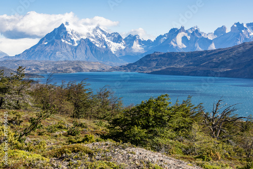 Lake Toro and snowy mountains of Torres del Paine National Park in Chile, Patagonia, South America