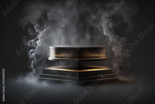 Realistic 3D podium with smoke and dark color for product display. Generative AI