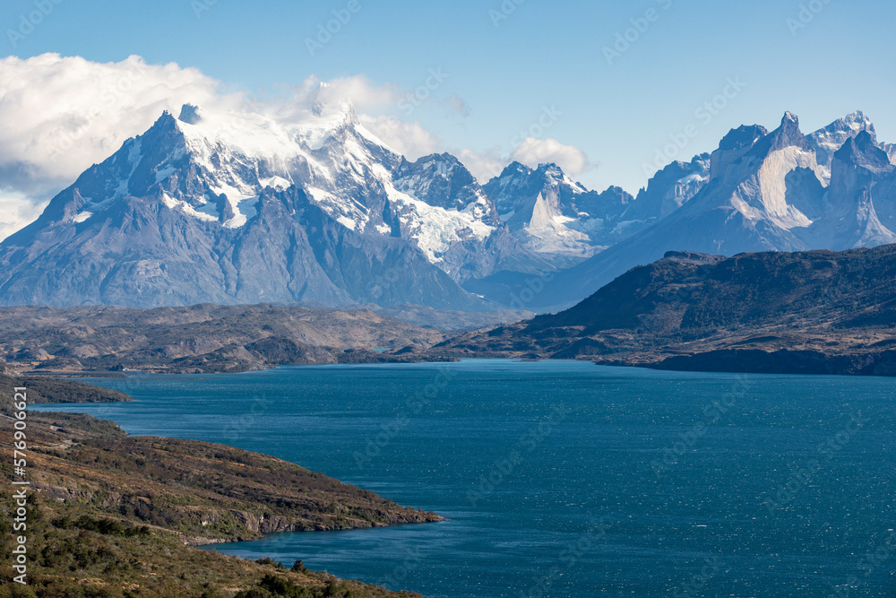 Lake Toro and snowy mountains of Torres del Paine National Park in Chile, Patagonia, South America