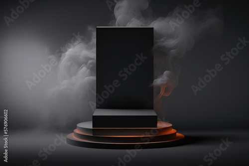 Realistic 3D podium with smoke and dark color for product display. Generative AI