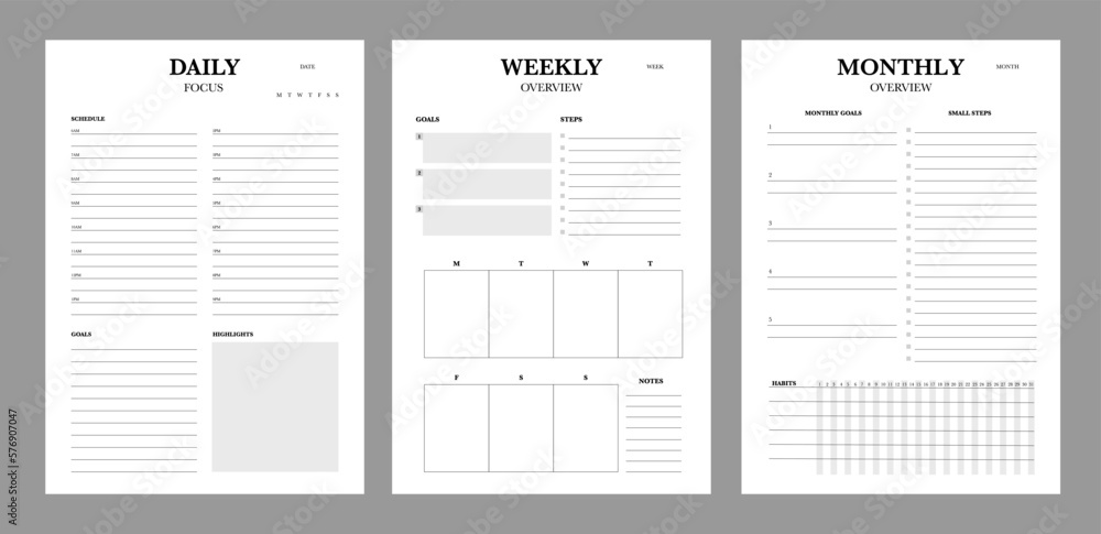 3 set of Daily, Weekly, Monthly Planner template. Minimalist planner template set. Vector illustration. 3 set of Daily, Weekly, Monthly Planner template. Minimalist planner template set. Vector illustration.