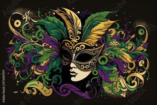 Celebrate mardi gras with this colorful carnival face mask background art with feathers