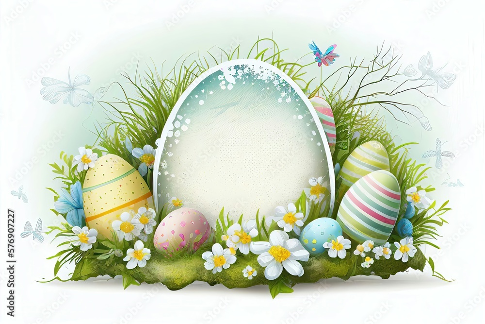 Celebrate easter with this cute easter holiday background with colorful eggs and flowers and grass in landscape with a cartoon style design