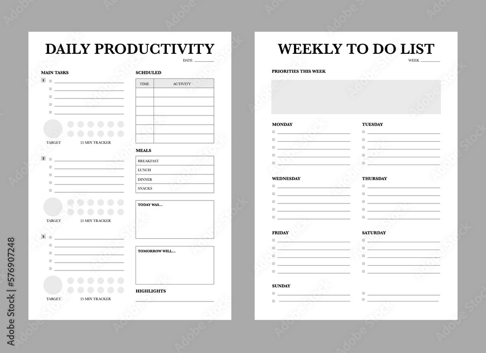 Fototapeta Daily Productivity and weekly planner template. Set of planner and to do list. Modern planner template set. Vector illustration.
