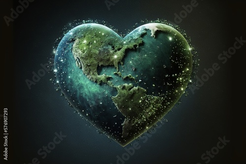 Planet Earth in the shape of a green heart with stars in the background, earth day concept, sustainability, april 22nd, generative AI