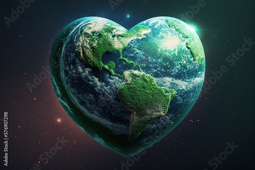 Planet Earth in the shape of a green heart with stars in the background, earth day concept, sustainability, april 22nd, generative AI